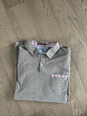 NWOT Men's Gray Polo with Check Trim - Casual Collared Shirt